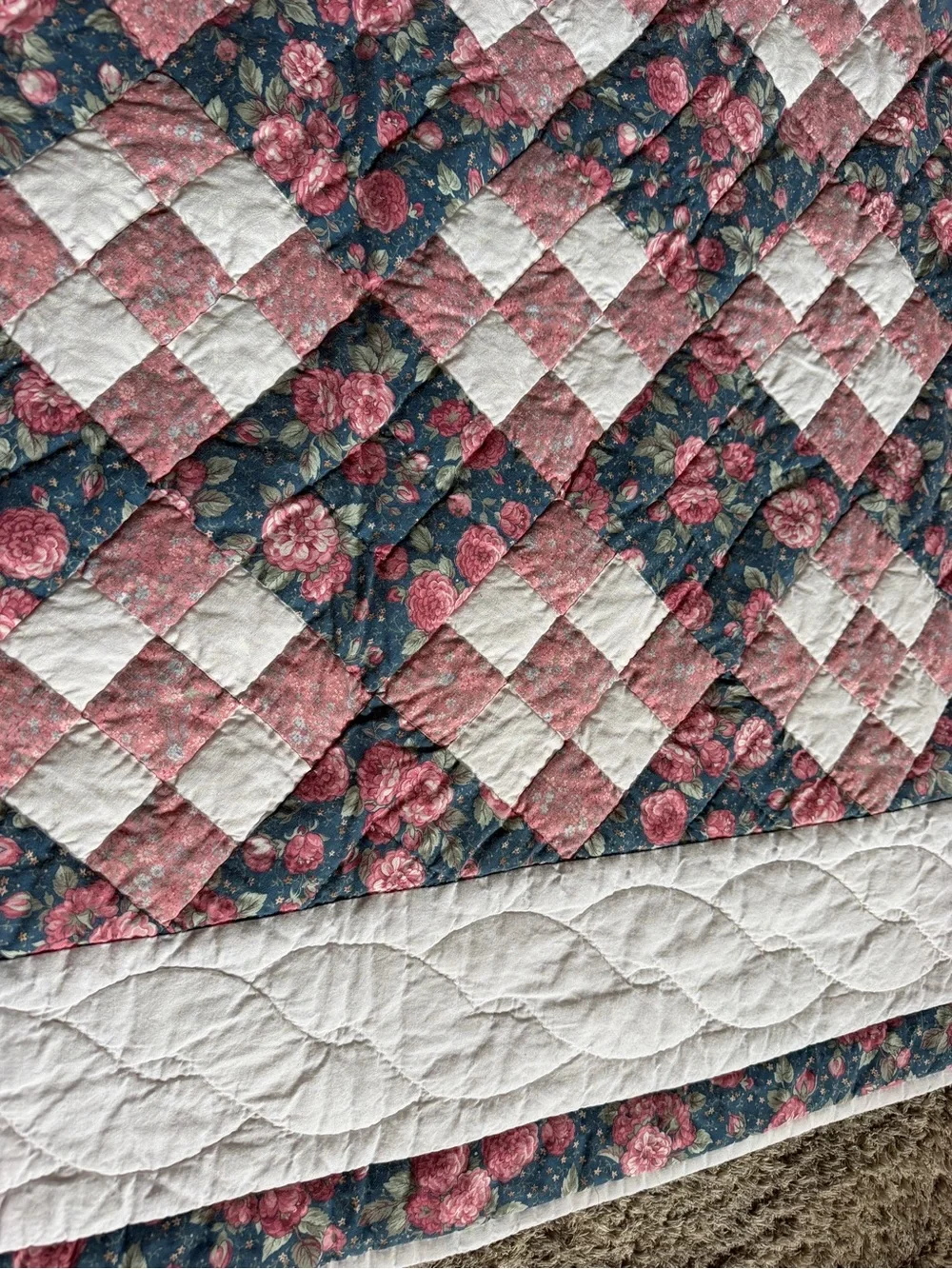 Handmade Floral Patchwork Cotton Quilt - Pink & Navy